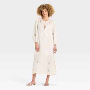 Future Collective - Women's Long Sleeve Eyelet Caftan A-Line Dress - F Cream